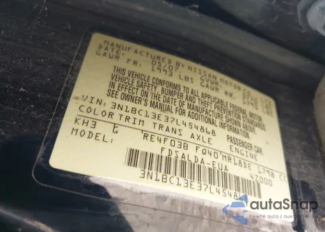 2007 Nissan Versa 1.8S z USA, uszkodzony, nr VIN 3N1BC13E37L454868